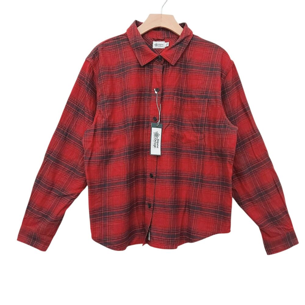 Alpine Design Flannel Shirt Womens Large Red Grey Plaid Cotton Camping Outdoor